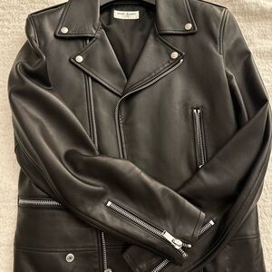 Saint Laurent Black Leather Jacket Men Size 46